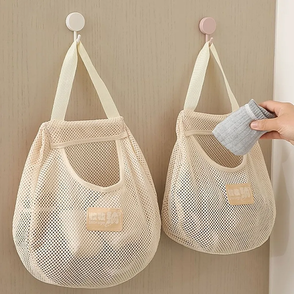 Kitchen Produce Bag Mesh Hanging Mesh Storage Bag Hanging Organizer See-Through Bathroom Storage Bag For Shelf Space Drawer