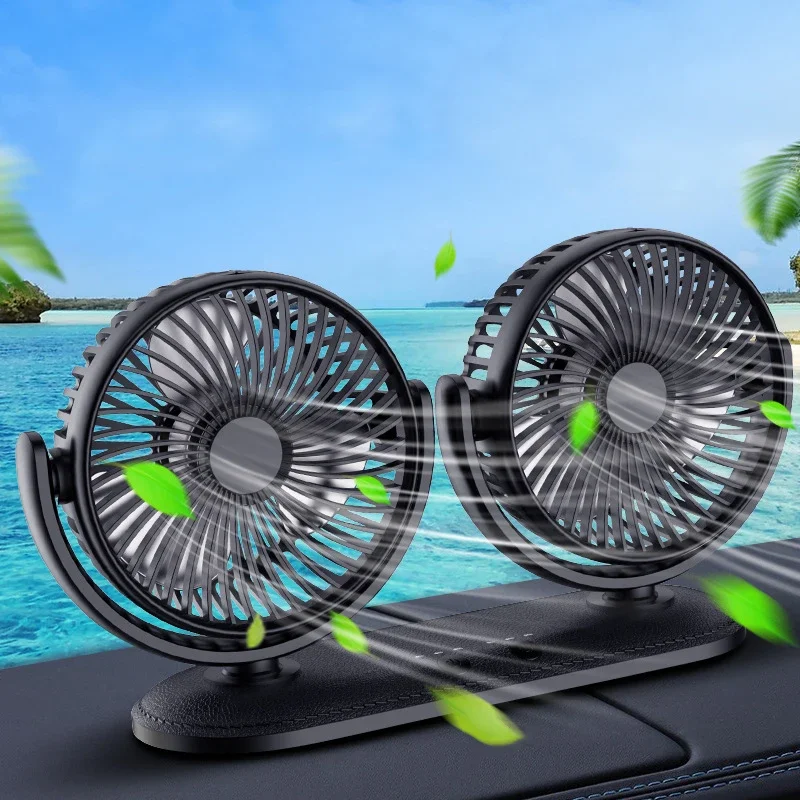 12/24V Portable Mini Car Fan - 360 Degree All-Round Adjustable Auto Air Cooling Dual Head USB Fans