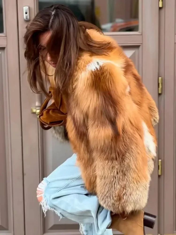 

Two-tone Luxury Faux Fur Short Coat Women Fashion Full Sleeve Loose Warm Cropped Jackets Lady Winter Daily Highstreet Outerwear