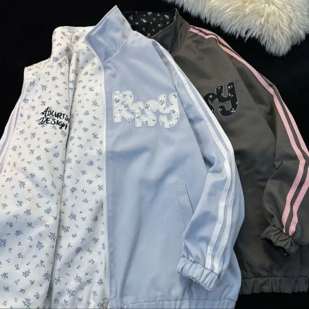 Dwustronna, urocza, edytna kurtka w kwiaty, dwukolorowa, oversize'owa kurtka bejsbolówka do stylizacji Y2K, oversize'owe kurtki z golfem, słodkie dziewczyny.
