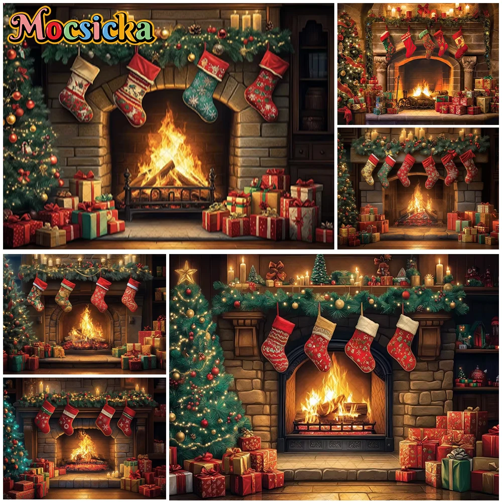 

Mocsicka Christmas Fireplace Photography Background Bonfire Xmas Tree Socks Decor Baby Adult Family Holiday Party Photo Backdrop