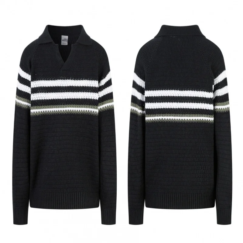 Men's New Arrival Polo Collar Sweater Striped Vintage Knitted Pullover Casual Long Sleeve Fashion Versatile Fall Winter Top