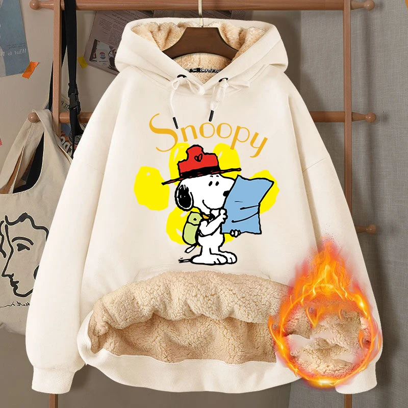 Snoopy Hoodies Anime Dogs Winter Warm Sweatshirts Cartoon Women Men with Fleece Long Sleeve Hooded Tops Pants Adult Clothes Gift