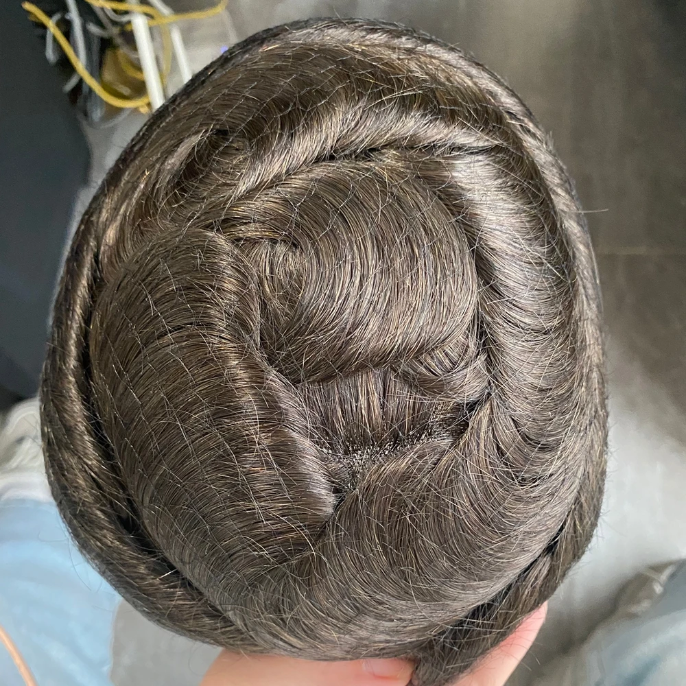 سوبر دائم 0.1-0.12 مللي متر قاعدة الجلد الطبيعي براون الشعر البشري الرجال الشعر الاصطناعية صدفي الجبهة شعري الباروكات غير قابلة للاكتشاف #3