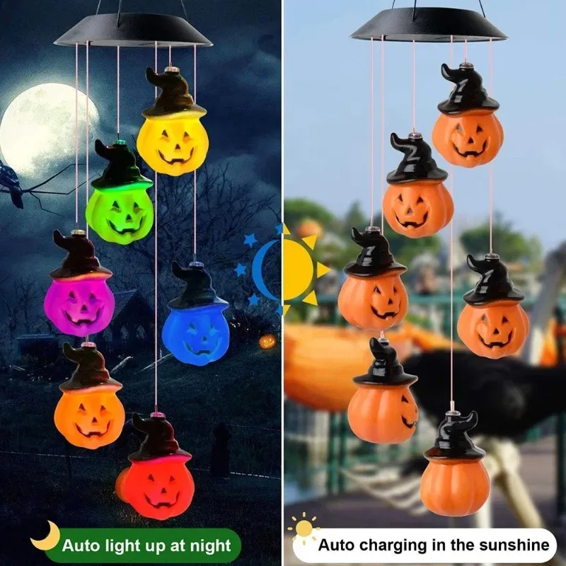 Halloween LED Solar Wind Chime Crystal Ball Hummingbird Color Changing Waterproof Garden Hanging Light Outdoor Decor Ornament