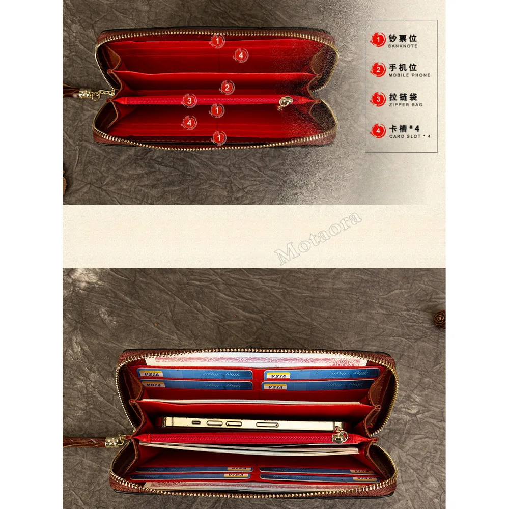 MOTAORA 2025 New Vintage Women's Leather Wallet 3D Floral Clutch Bag First Layer Cowhide Zipper Genuine Leather Ladies Purse