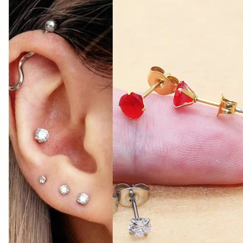 

5mm o-Red Color Zircon Round Stainless Steel Earrings Hypoallergenic Minimalist Studs Luxe Jewelry For Women Needle 0.8*11mm 001