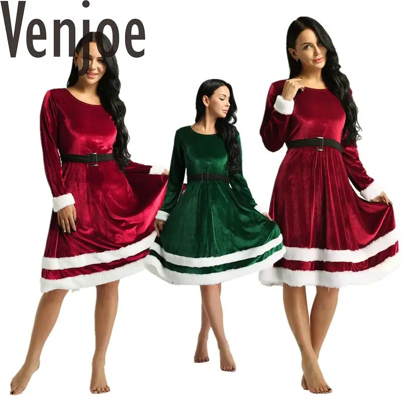 Womens Soft Velvet Mrs Santa Claus Costume Scoop Neck Long Sleeves Christmas Dress Xmas Fancy Dress Up Outfits