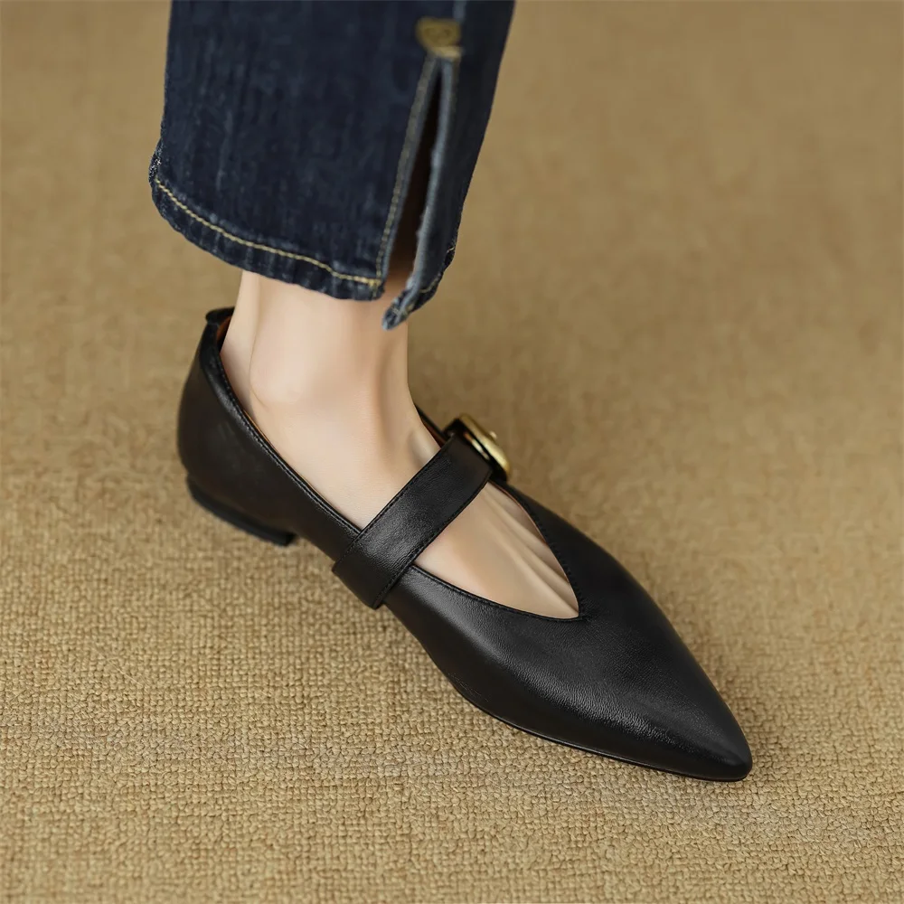 RIZABINA New Real Leather Women Pumps Pointed Toe Low Heels Flat Shoes Ladies Fashion Buckle Strap Dress Office Shoes Size 34-40