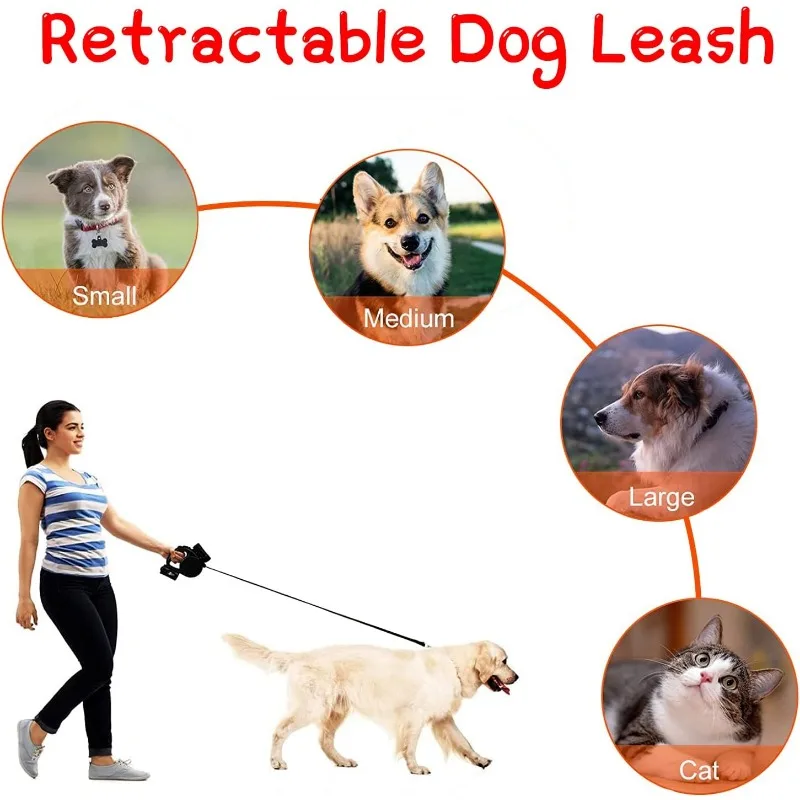 5m Retractable Dog Leash 5m Dog Walking Leash for Small Medium Dogs One Button Break & Lock with led Flashlight and Trash Bag