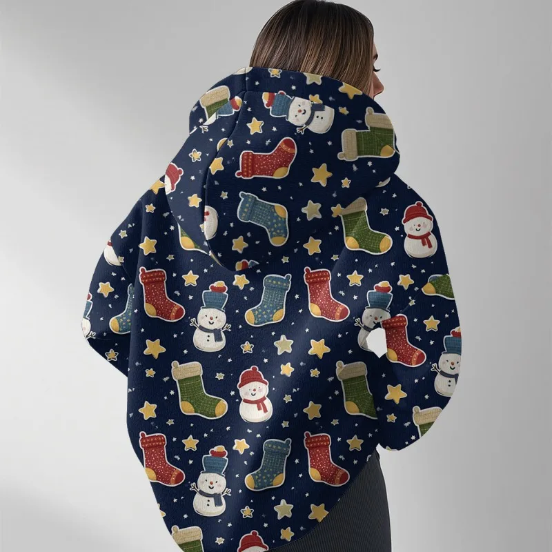 بلوفر نسائي كاجوال كبير الحجم بنمط ندفة الثلج مع ياقة مقلوبة، سويت شيرت شتوي مريح فضفاض مناسب للشارع اليومي #3