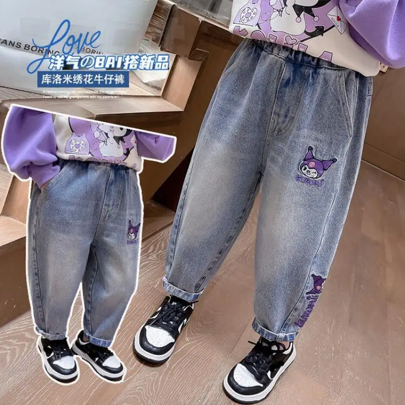 

Детские джинсы Kawaii Anime Kuromi, новые весенне-осенние прямые брюки с рваными элементами для девочек, модные повседневные удобные мягкие брюки
