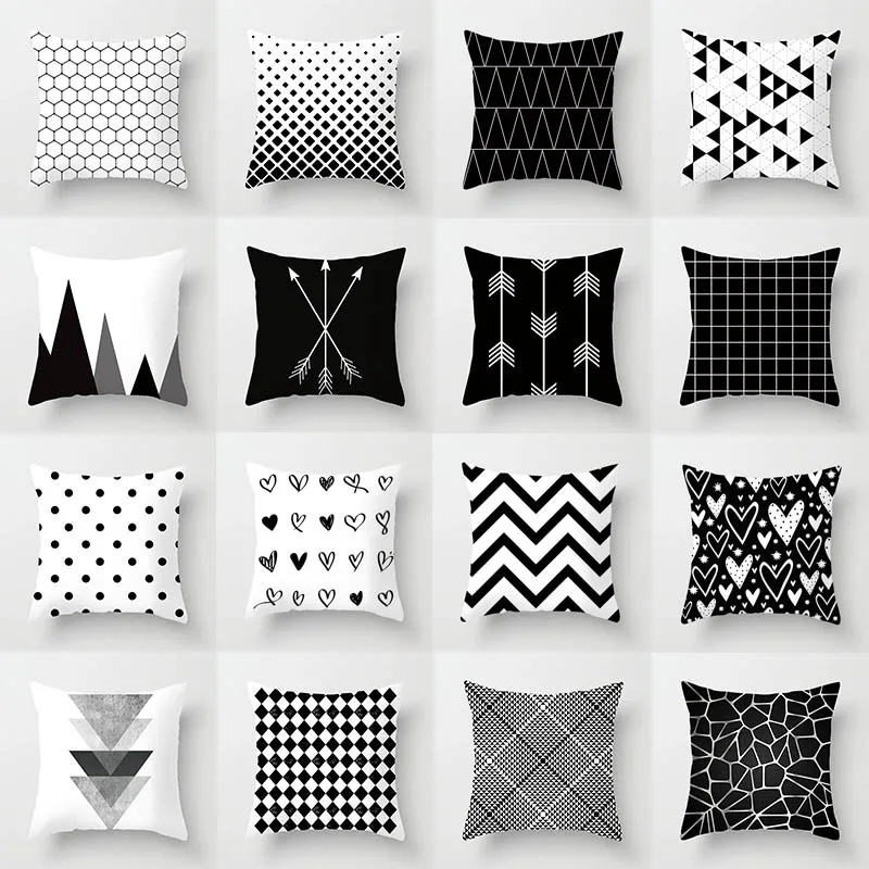 

Geometric Cushion Cover Black and White Pillow Case Cover Striped Dotted Pillowcase Grid Triangular Geometry Cushion Cover