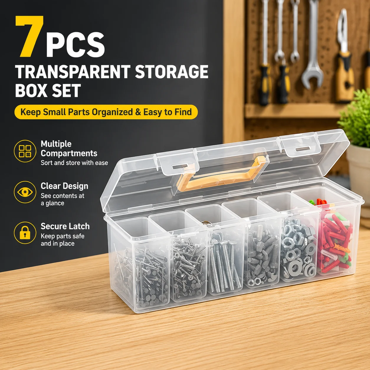 7pcs Transparent Tool Parts Storage Box Set, Multi-Compartment Sorting Box for Screws, Wrenches, Hardware Accessories, and