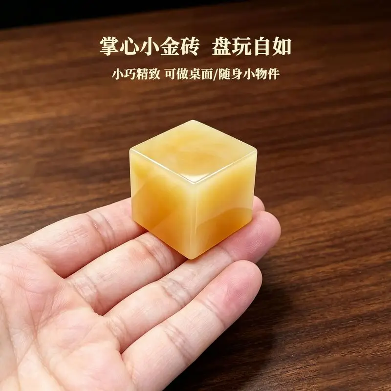 Yellow jade stone ruler and seal ornament Jade seal that can be engraved with name Jade fortune-bringing paperweight for the stu