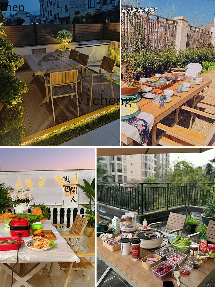 ZMLoutdoor tables and chairs courtyard garden leisure preservative wood long table waterproof sunscreen commercial open air