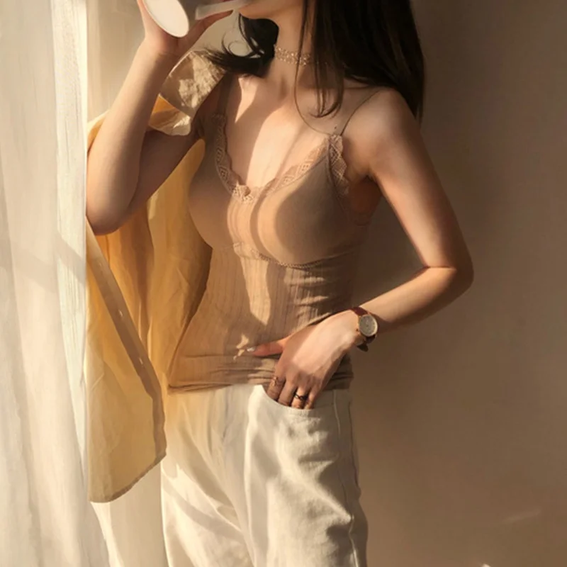 Women's Thickened Fleece Lined Lace Vest Small Strap Bralette One-Piece Warm Underwear Suit Inner Wear Beautiful Back