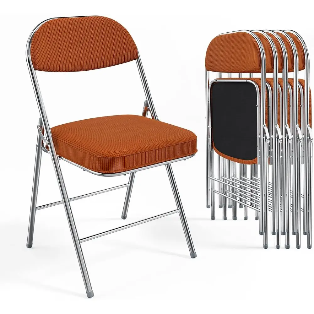 6 sztuk składanych krzeseł z wyściełanym siedziskiem i oparciem, metalowa rama, wytrzymała tkanina sztruksowa, udźwig 158 kg, zestaw 6 sztuk, pomarańczowy – Id