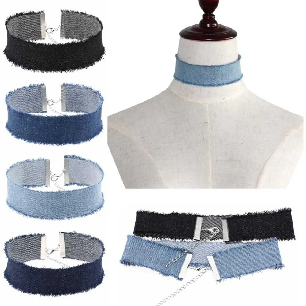 Punk Harajuku Retro Denim Choker Necklace Personality Edge Grinding Clavicle Chain Wide Band Adjustable Chain