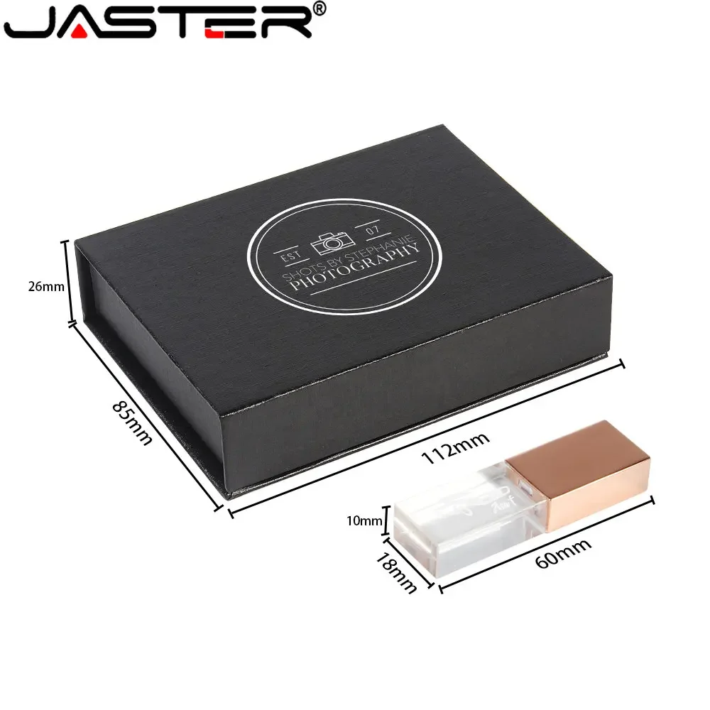 Jaster nova unidade flash usb 2.0 cristal preto ouro com caixa de presente preta 64gb 32gb 16gb logotipo personalizado gratuito presente de fotografia de casamento