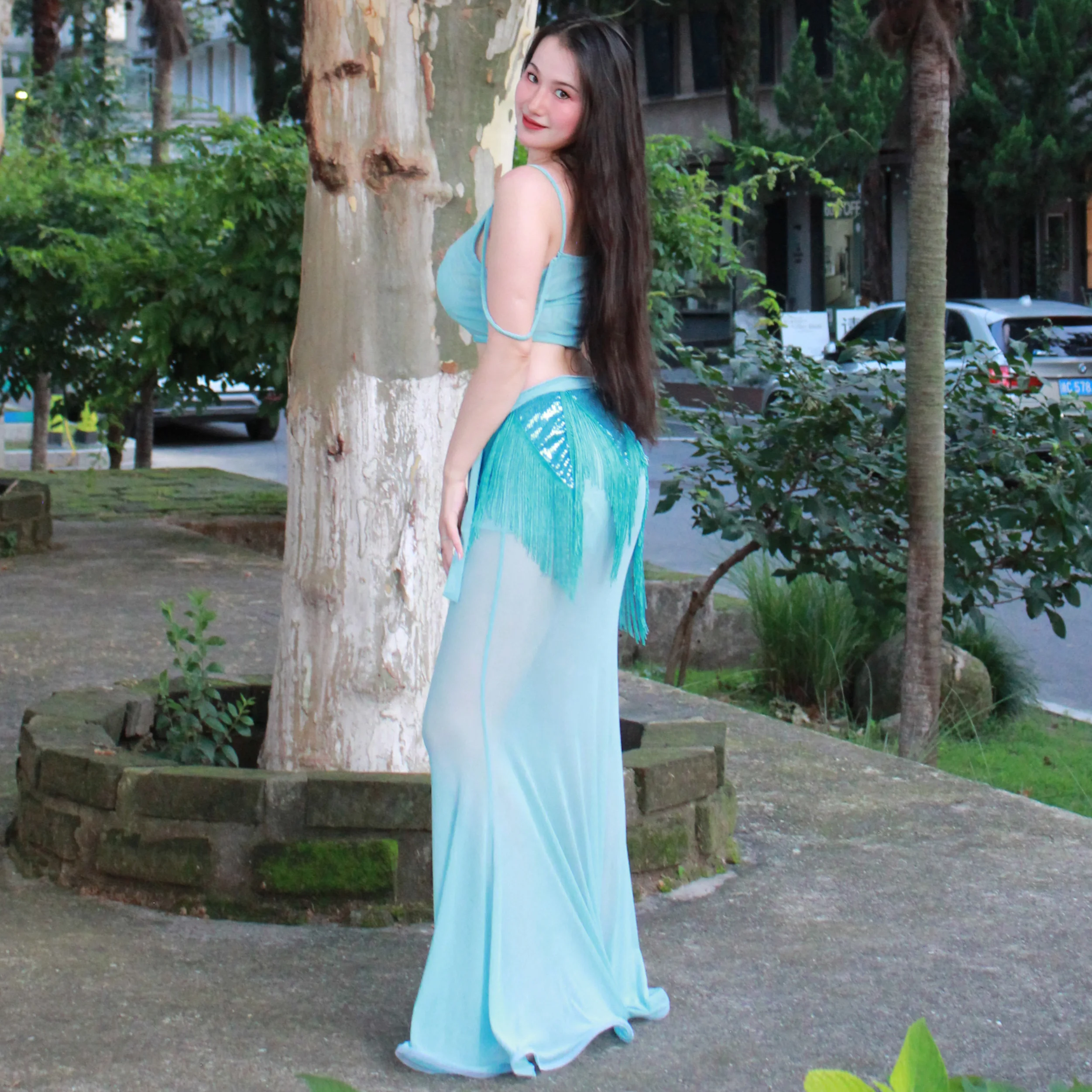 2025 Bauchtanz-Set für Damen, sexy Träger-Top + Fischschwanz-langer Rock + Quaste-Hüfttuch, 3-teilig, orientalische Bauchtanz-Wettbewerbskleidung