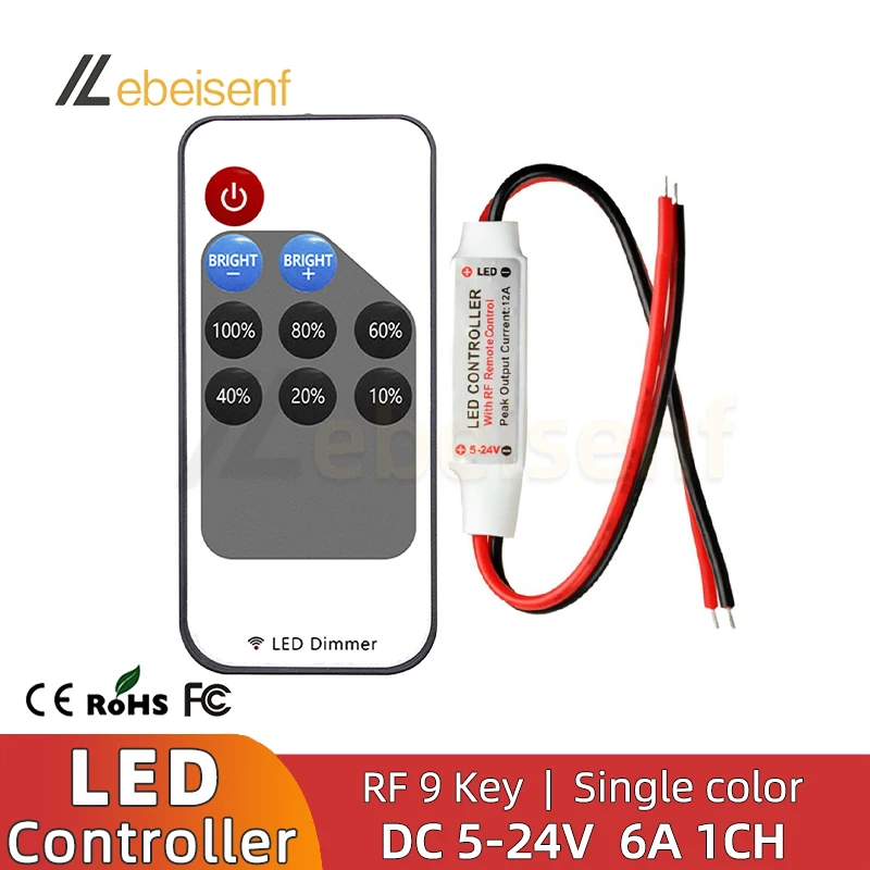 Mini LED Single Color Dimmer, luzes de tira, tensão constante, controlador de sinal PWM com RF 9-chave remoto, DC 5V, 12V, 24V, 6A, 5050, 2835