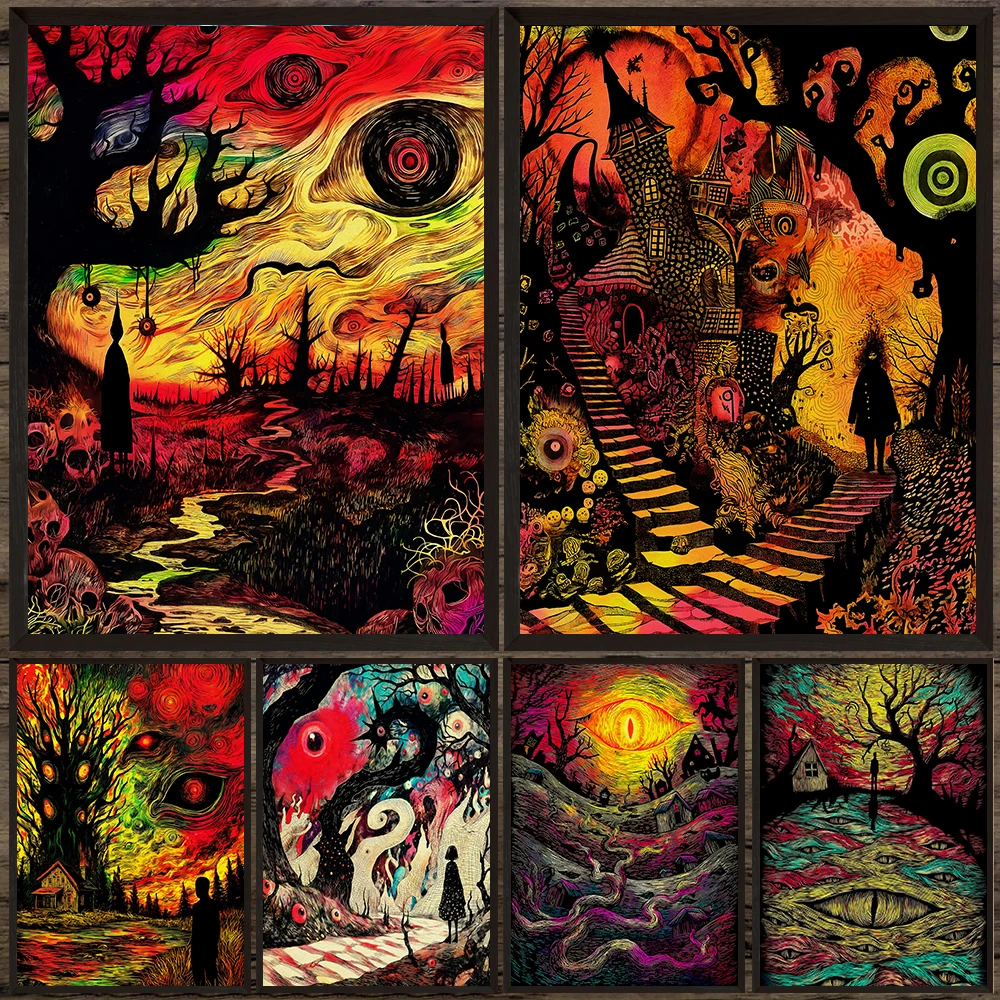 

Bizarre And Terrifying Dream World Abstract Wall Art Canvas Painting,A Chilling Nightmare Gothic Art Poster Print Home Decor