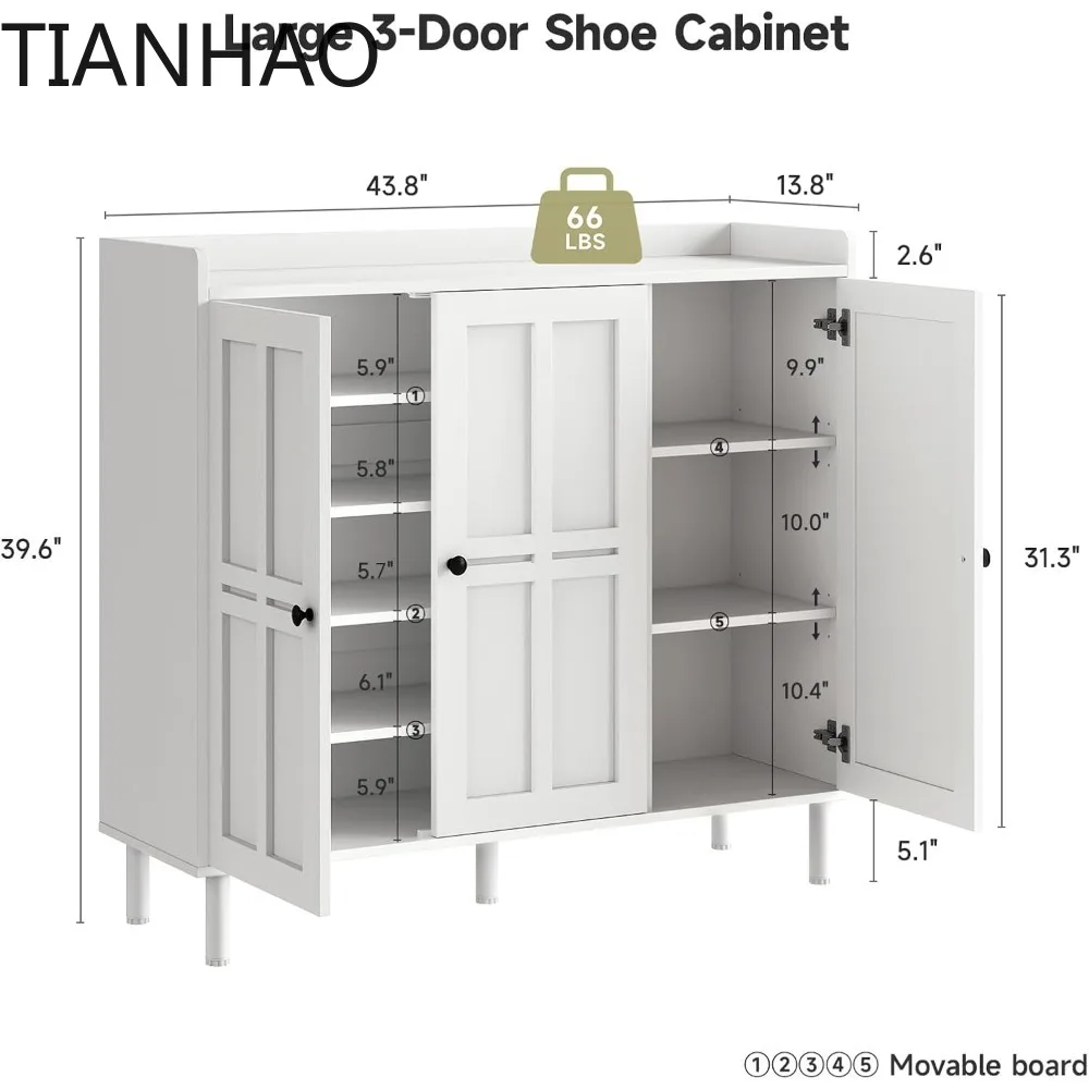 Shoe Cabinet with 3 Doors and Adjustable Shelves, 30 Pairs Shoe Storage Cabinet, 40 Inch Tall Farmhouse Shoe Rack