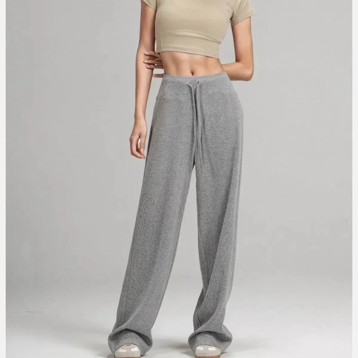 

aI High Waist Drawstring Straight Wide Leg Casual Sports Loose Pants Women Fitness Sweatpants Women's Black Threaded Sweat Pants