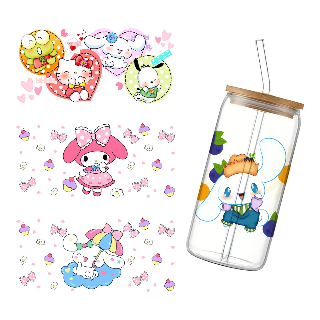 Sanrio Friends Character 11*24cm UV DTF Wraps Transfer Sticker DIY For 16oz Glass Cup Waterproof Permanent Adhesive Sticker