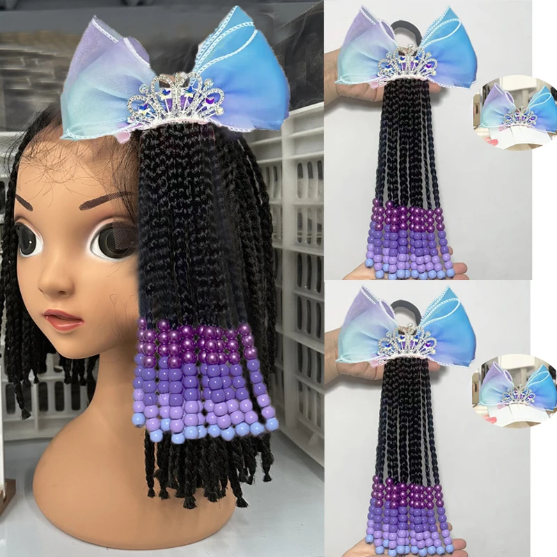 2pcs Girls Ponytail Extensions Soft Synthetic  Beaded Braids,Crown organza Bow Hair Clips Easy to Wear, Perfect for Daily Use