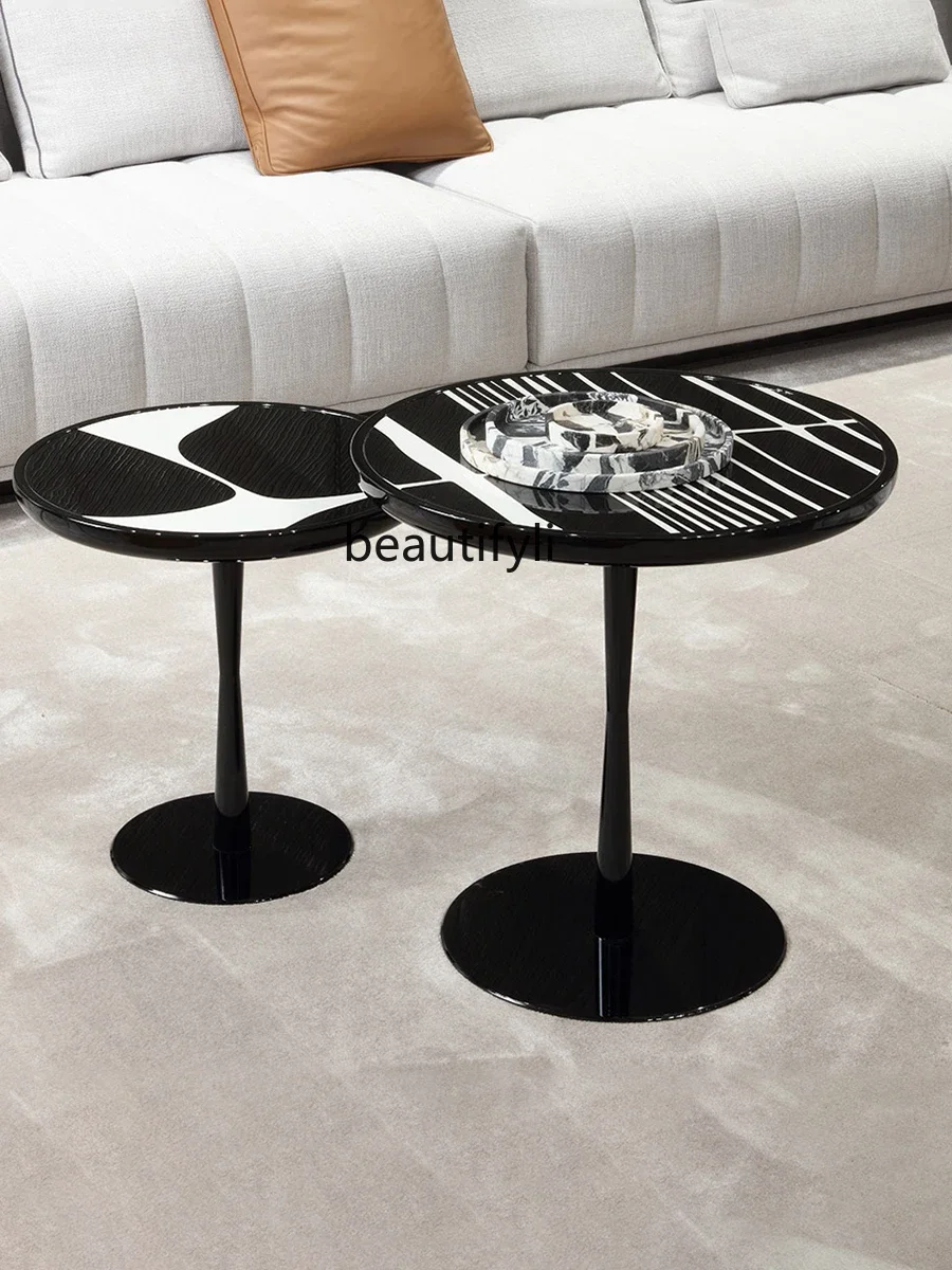 

Sofa Side Table round Italian Small Coffee Table Living Room Stainless Steel Solid Wood Light Luxury Small round Side TableA16