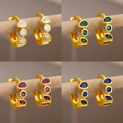 Cute Minimalist Color Zircon Leaf Hoop Earrings For Women Stainless Steel Small Circle Ear Button Earrings Fashion Jewelry