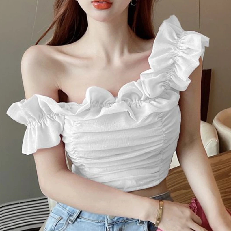 Slash Neck Blouses Women Ruffles Elegant Summer Crop Tops Aesthetic Simple Vacation Mujer Clothing Off Shoulder Daily Y2k Sexy