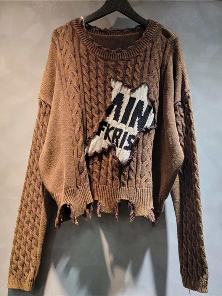 DEAT Vintage Fashion Women Patchwork Letter Hole Knitted Sweater 2024 Autumn Trendy O-neck Long Sleeve Pullovers Female 29L8324