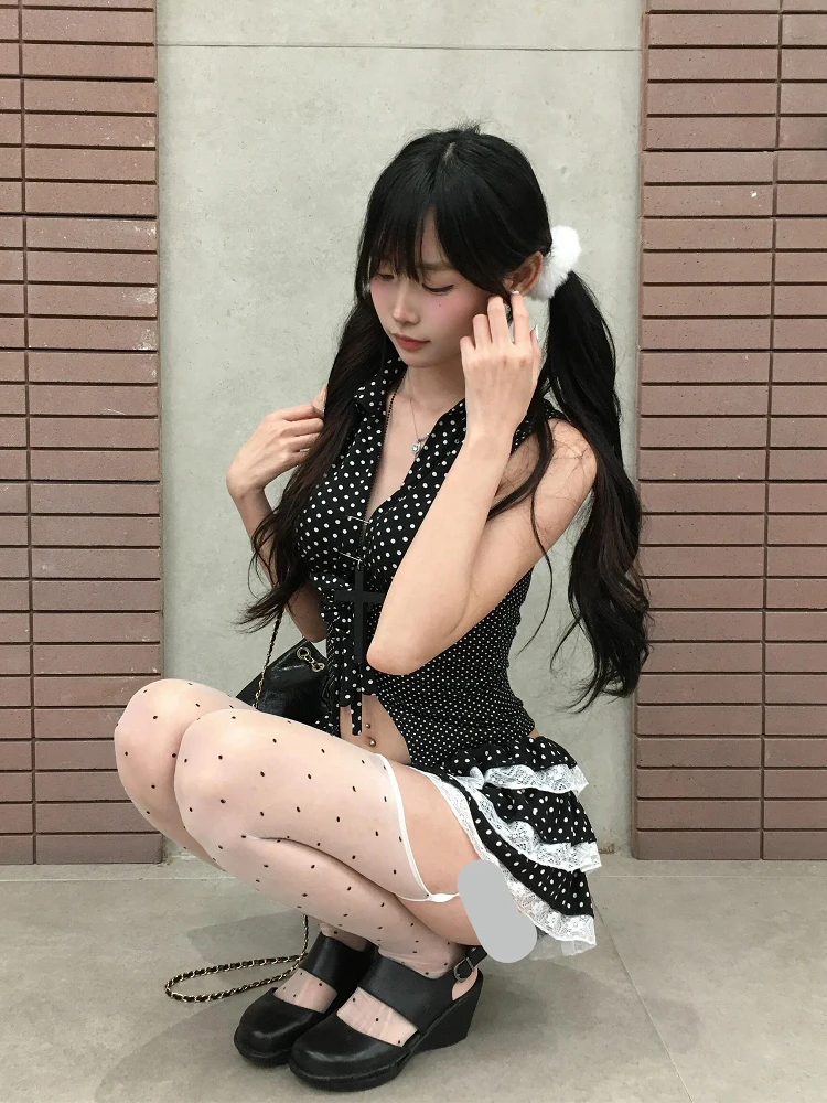 Tonngirls Y2k Fairycore Two Pieces Suits Patchwork Lace Up Tanks+ Mini A-line Skirt 2000s Japanese Skirt Suits Aesthetic Sets