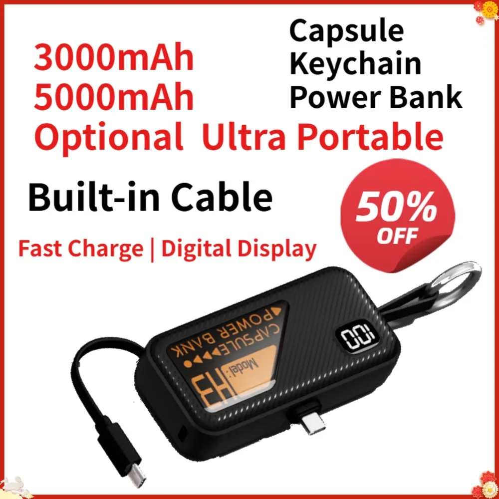 Portable Charger 5000mAh 3000mAh Mini Power Bank Built-in Cable Keychain Capsule Fast Charge Pocket Battery for iPhone Samsung