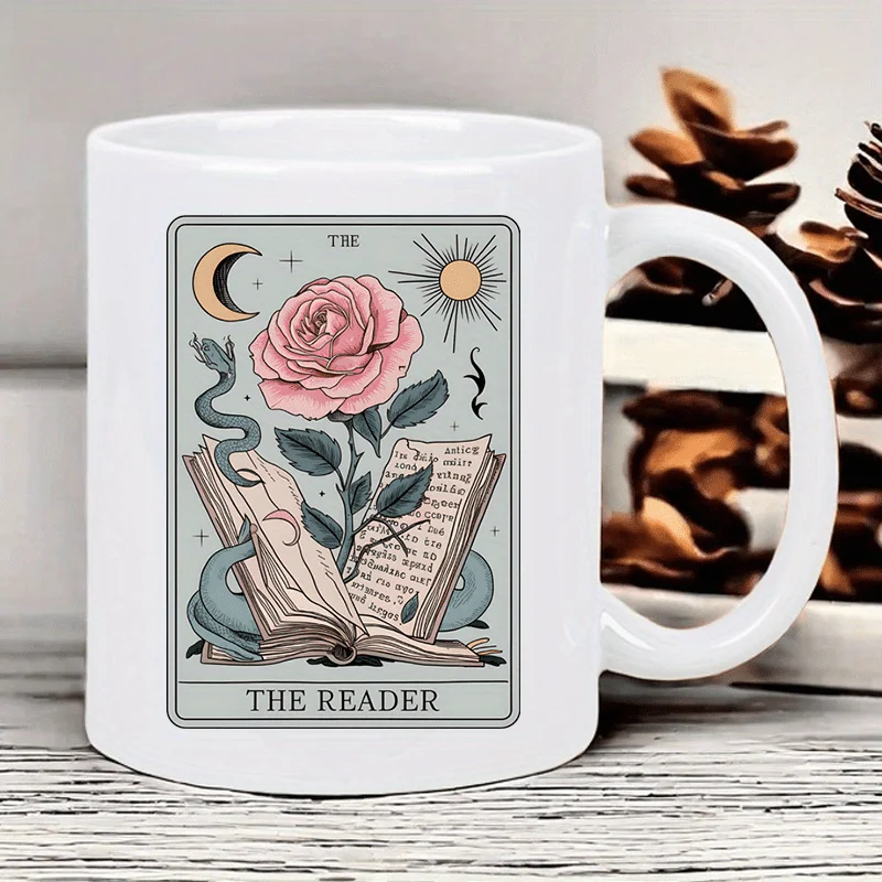 The Reader - Elegant Ceramic Mug with Tarot Card Design, Perfect Gift for Book Lovers and Mystical Enthusiasts