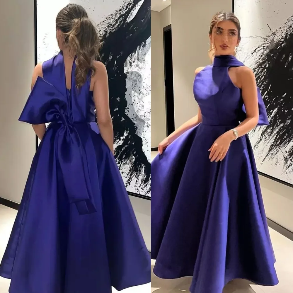 

Customized Elegant Halter A-line Evening Dresses Bows Open back Draped Taffeta Anke length Prom Exquisite vestidos de noche فسا