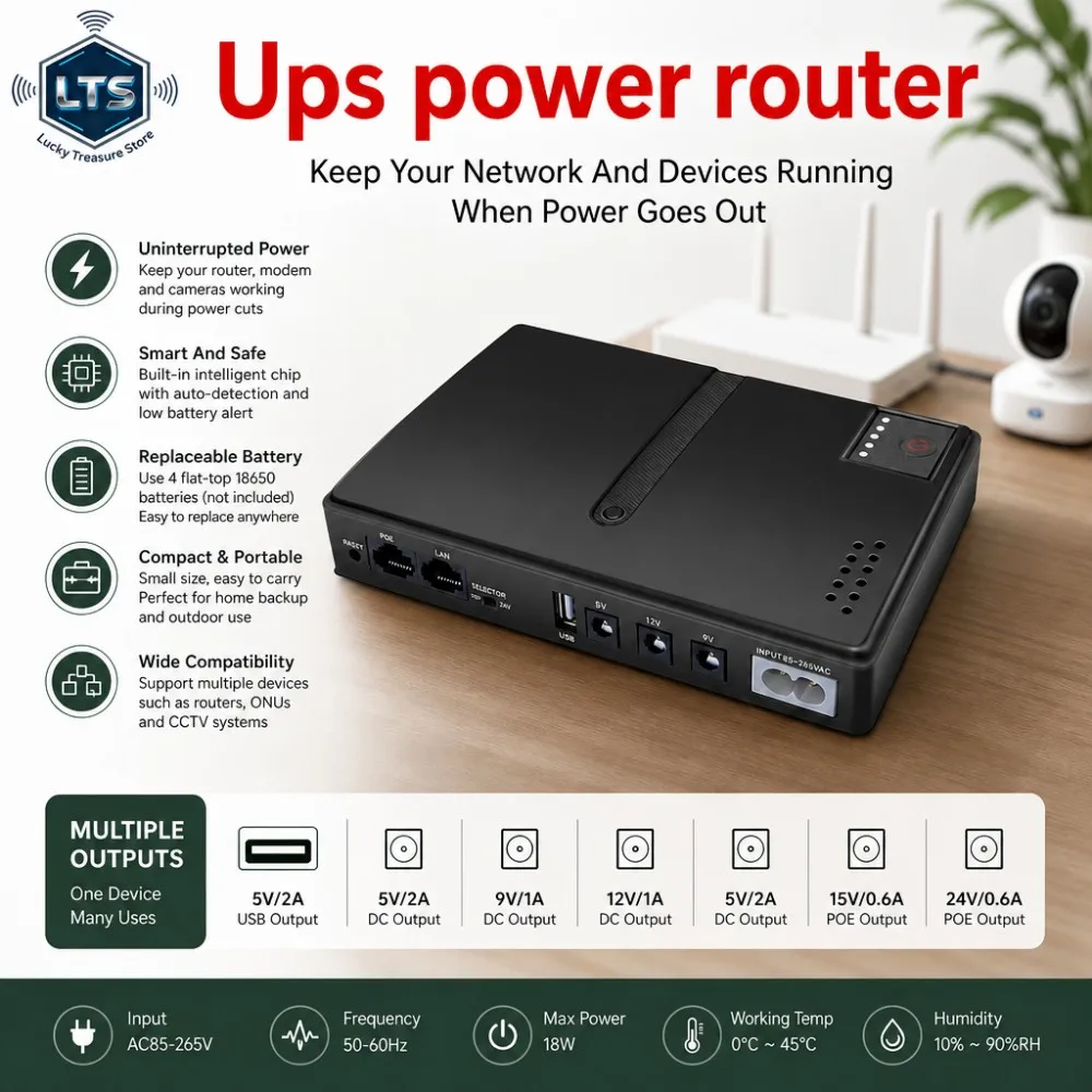 Mini DC UPS Uninterruptible Power Supply 18650 Replaceable Battery Backup 5v 9v 12v 220V for Router Wifi Modem