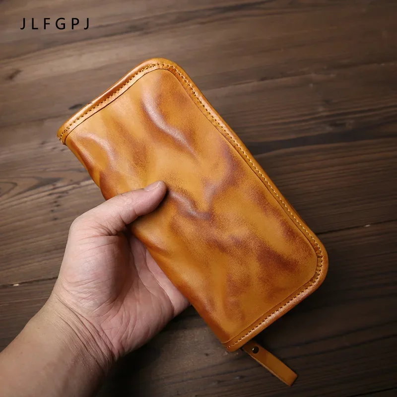 

Genuine Leather Long Zipper Wallet Men's Vegetable Tanned Leather Vintage Multi-card Simple Clutch