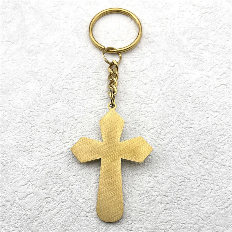 Jesus Cross Turquoise Stone Key Chain for Women Men Gold Color Stainless Steel Catholic Religion Key Ring Amulet Jewelry Gifts