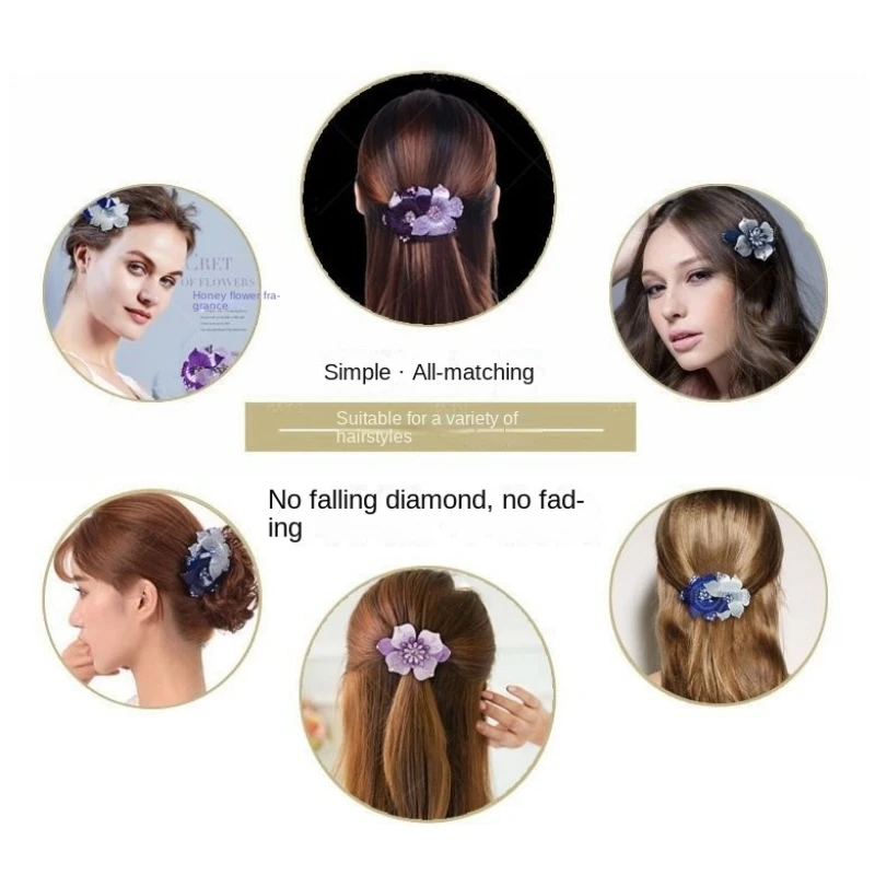 Premium Korean Edition Violet Flower Crystal Spring Hairpin Rhinestone Pan Hair Horizontal Clip Elegant Women\'s Hair Accessories