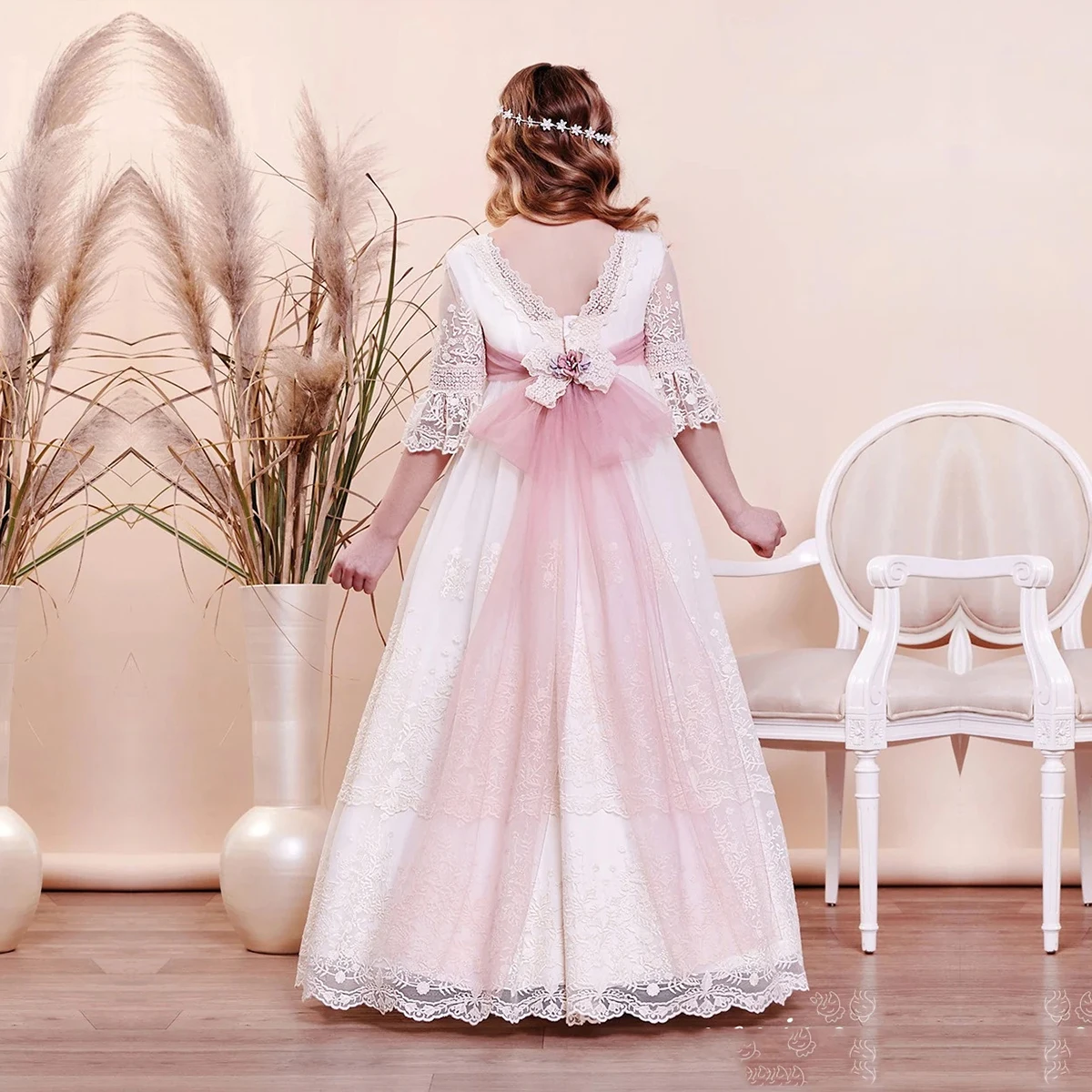 FATAPAESE Communion Girl Vintage Princess Lace Floral Pink Ribbon Belt Embroidery Tulle Gown Bridemini Bridesmaid Wedding Party