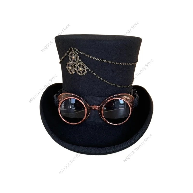 

Винтажный цилиндр в стиле стимпанк, очки с металлическими шестернями, цепочка, черный викторианский фокусник, цилиндрическая кепка, аксессуар для костюма на Хэллоуин