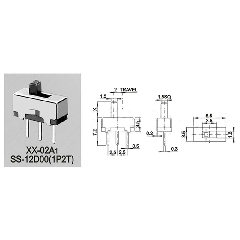 مفتاح تبديل منزلق صغير ، SS12D00 ، 3Pin ، 1P2T ، موقعان ، تشغيل-إيقاف ، جودة عالية ، 10