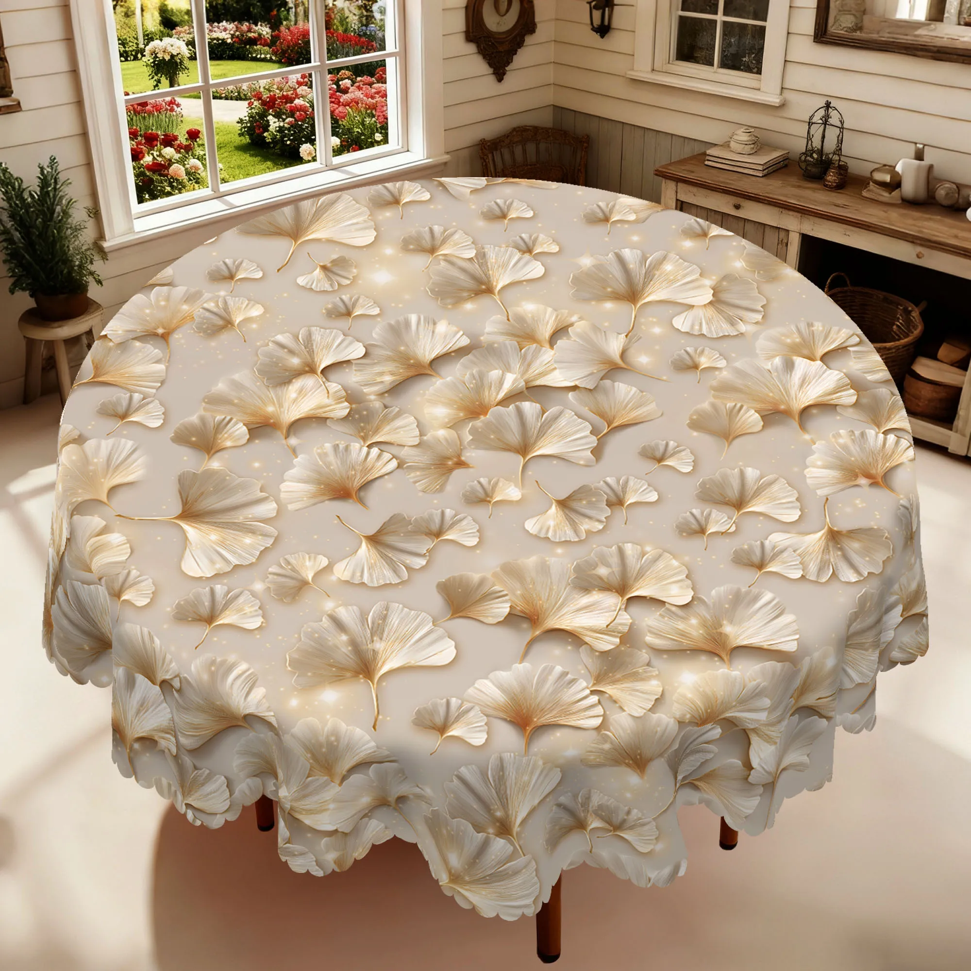 1 Piece of Gilt Ginkgo-Themed Round Tablecloth, Available in 5 Sizes, Gilt-Dyed Milky White Ginkgo Leaves and Star-Patterned Light-Textured Printed Round Tablecloth, Embossed Edge Craftsmanship, Elegant Atmosphere Decoration, Suitable for Daily Family Living Room, Dining Room, Leisure Tea Table Use, Daily Gathering Tea Party Decoration, Spring Atmosphere Decoration