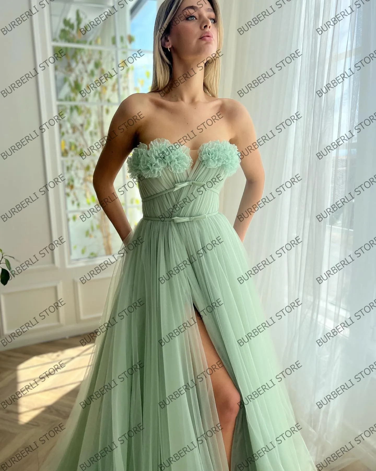 Unique Mesh Flowers Long Prom Dresses Sexy High Slit Tulle Puffy Women Summer Party Dress Elegant Mesh Puffy Brithday Gowns