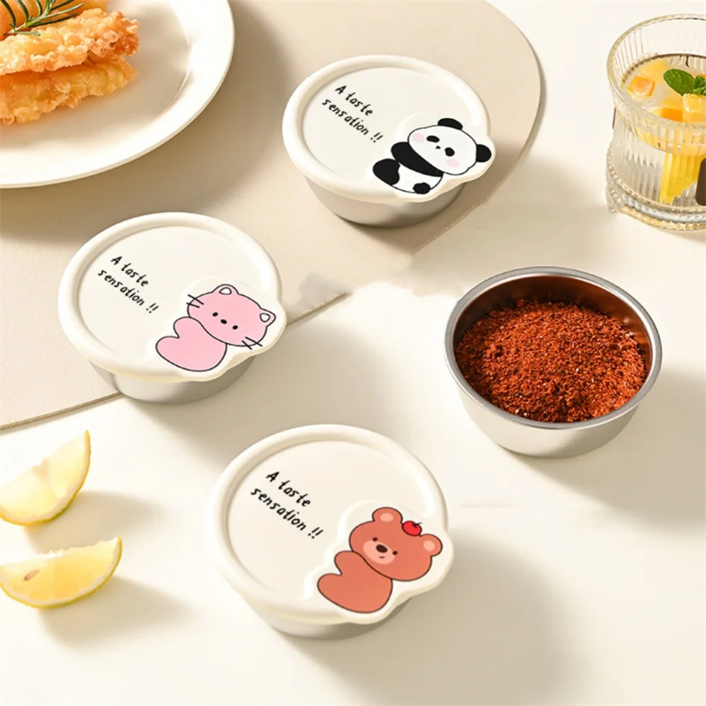 

Outdoor Camping Bento Saucer Tableware Cat Bear Sauce Cup Silicone Cover Salad Dressing Container Stainless Steel Storage Box