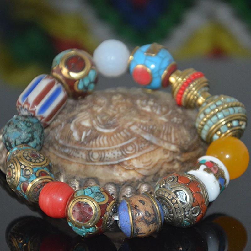 Tibetan Natural Turquoise , Multi-Gemstone Sherpa Glass Chalcedony , Buddhist Prayer Beads Bracelet, Ethnic Styl